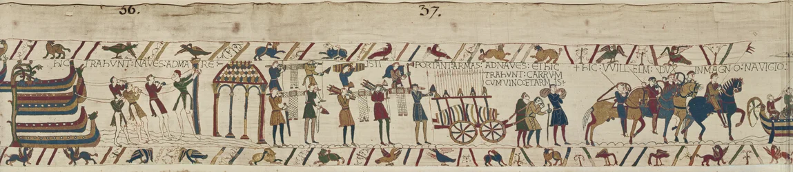 Normannen tragen Waffen zu den Schiffen und ziehen einen Wagen beladen mit Wein und Waffen, Teppich von Bayeux